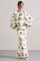 Rose Print Satin Puff-Sleeve Cut-Out Maxi Dress